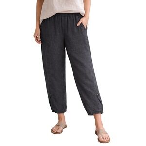 Lisa Bayne Womens S Black Linen Lagenlook Button Detail Pull On Pants in Black
